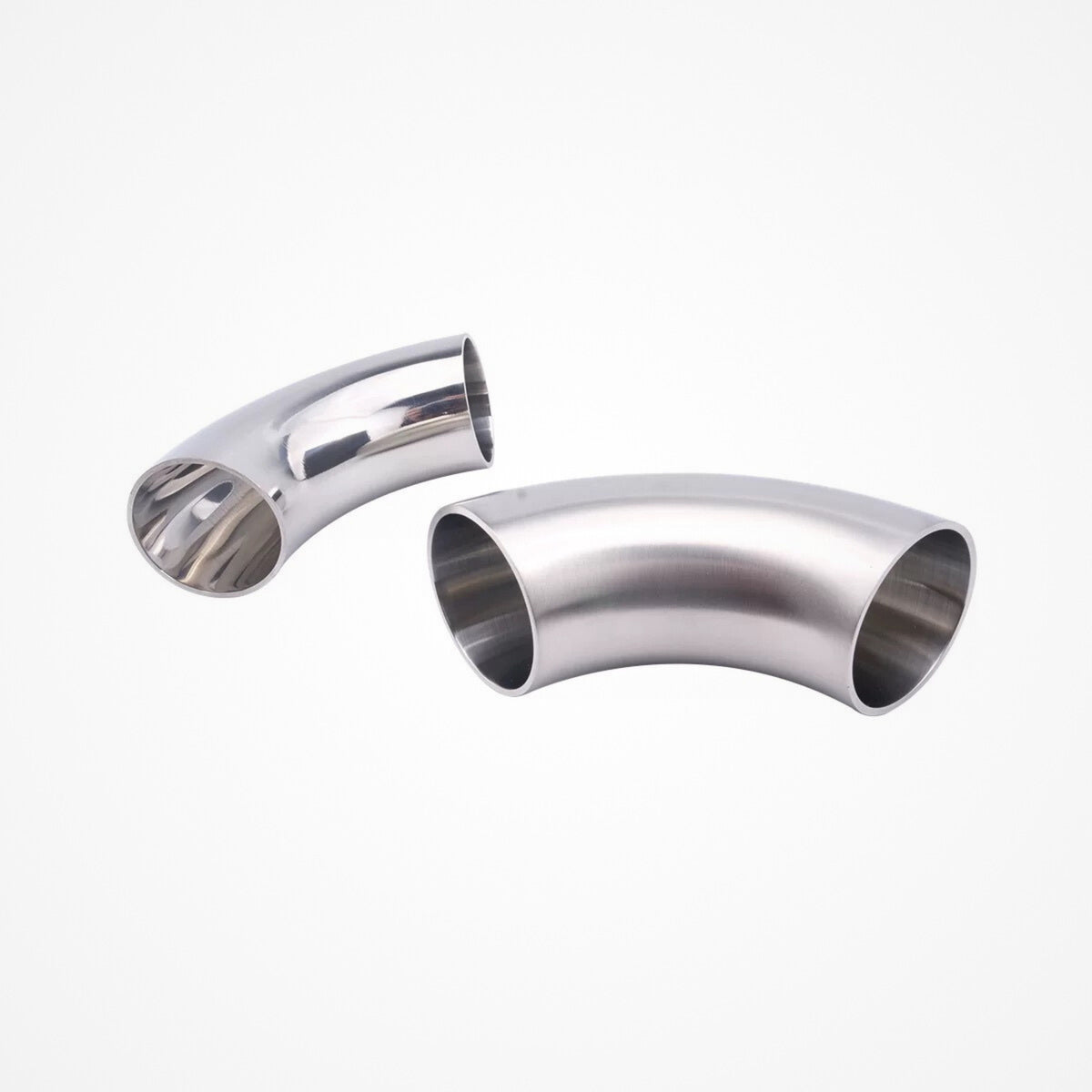 Two stainless steel 90° short bend tubes, one polished and one satin (supplier photo)
